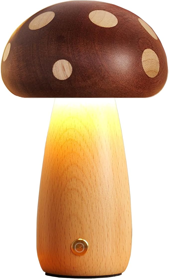 YIEONSHION LED Wood Mushroom Table Lamp, Rechargeable Cordless Touch Bedside Lamps, Wireless Stepless Dimming Night Light, Portable Battery Lamp for Bedroom Nightstand for Birthday Gifts (DMG-Big)