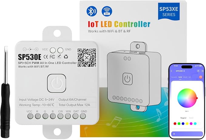 PAUTIX SP530E WiFi Bluetooth LED Controller Alexa/Google 12-in-1 LED Dimmer Support PWM/SPI Single Color CCT RGB RGBW RGBCCT IC LED Strip WS2811 WS2812,for COB/5050 2835 LED Strip Lights DC5V 12V 24V