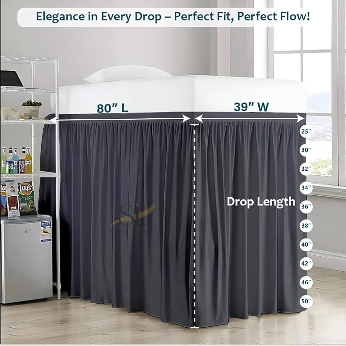 Shreem Linen Dorm Bed Skirt Twin XL, 42 Inch-Drop, 100% Microfiber Extra Long Bedskirt, Dark Grey