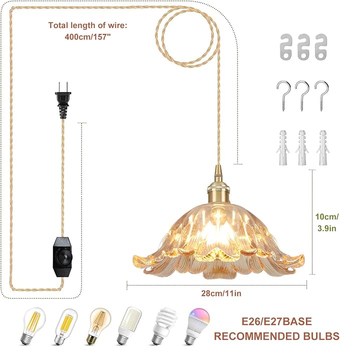 Plug in Pendant Light Fixtures,Hanging Light Fixture Flower Amber Glass Pendant Light 11 inch E26 Pendant Lighting for Kitchen Island, Bedroom, Dining Room, Living Room