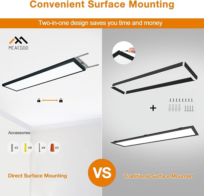 Black 1x4 LED Flat Panel Light Surface Mount 2 Pack | 5000K-4000K-3000K Selectable & Triac Dimmable, Rectangular Flush Mount Ceiling Light for Kitchen Garage, 40W, 100-277V, ETL