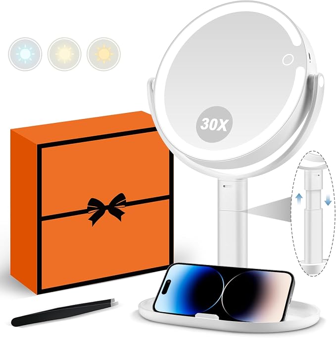 MIYADIVA Makeup Mirror with Lights, 30X Magnifying Mirror with Light and Touch Switch, Rechargeable Vanity Mirror with 3 Color Light and 80 LEDs, Height Adjustable Desk Mirror for Bathroom, Gift Idea