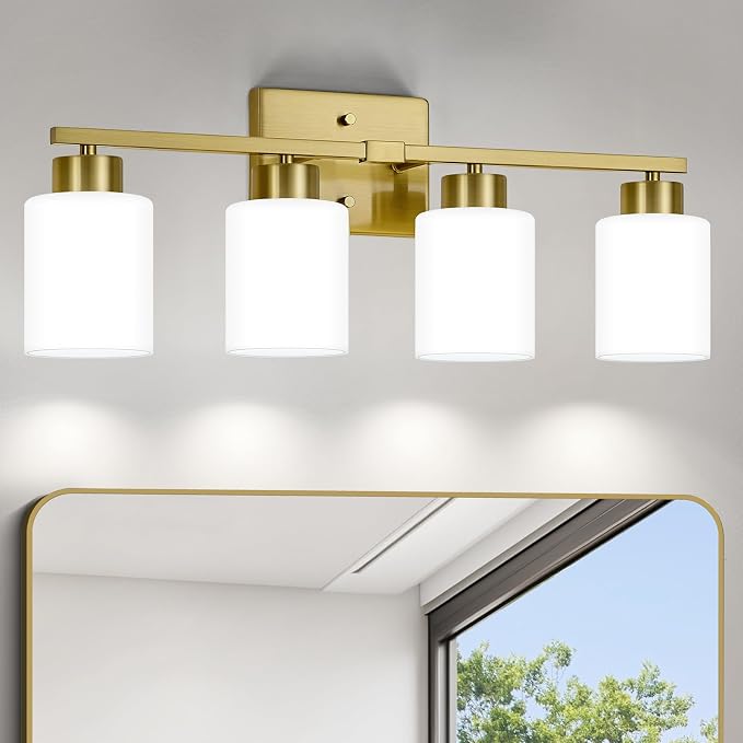 FonmYim Brushed Gold Bathroom Light Fixtures Vanity Lights Over Mirror | Modern 4-Light lighting fixtures for bathroom with Milky White Frosted Glass Shades, E26 Socket (Bulbs Not Included)