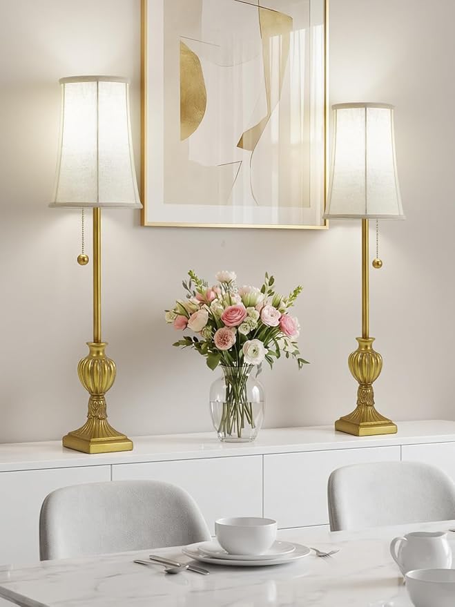 Buffet Table Lamps Set of 2 - 28" Tall Skinny Brass Resin Finish Table Lamp for Living Room - Traditional Farmhouse Buffet Lamp with Pull Chain for Console Table,Dining Sideboard,Entryway,Hallway