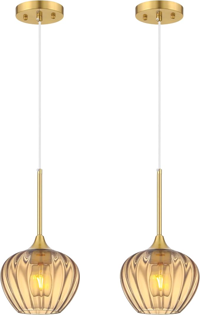 2-Pack Amber Glass Pendant Lights for Kitchen Island, 7.7" Modern Pendant Lighting Vintage Gold Light Fixtures Adjustable Hanging Light for Kitchen, Dining Room, Bar, Bathroom