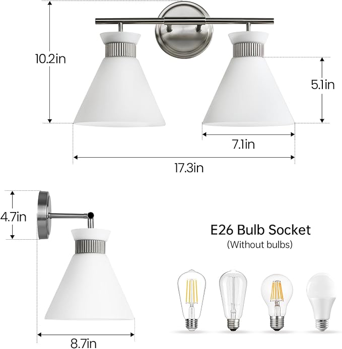 WOSHITU Bathroom Vanity Light Fixtures - Brushed Nickel Bathroom Lighting Fixtures Over Mirror 2-Lights with Modern Milky White Frosted Glass Shade, Mid Century Wall Light 17.3in (Exclude E26 Bulb)