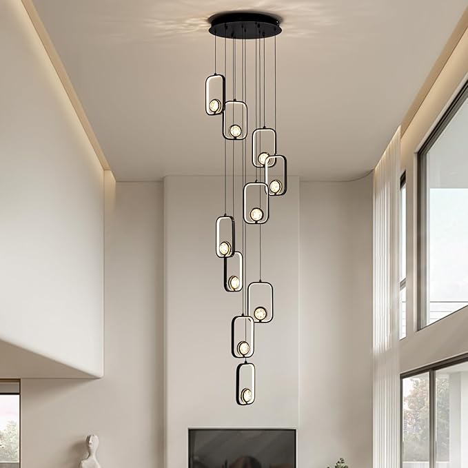 10-Light Modern LED Crystal Chandelier 10 Lights Black High Ceiling Chandelier for Staircase Large Adjustable Length Light Fixture for Foyer, Entryway, Living Room