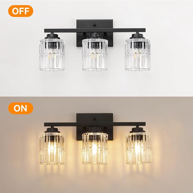 TALOYA Black 3-Light Bathroom Vanity Light with Fluted Cylinder Glass Shade | Modern Vanity Lighting Fixtures, Bathroom Lights Over Mirror, Wall Mount Mirror Light Fixtures for Bathroom Hallway Bedroom