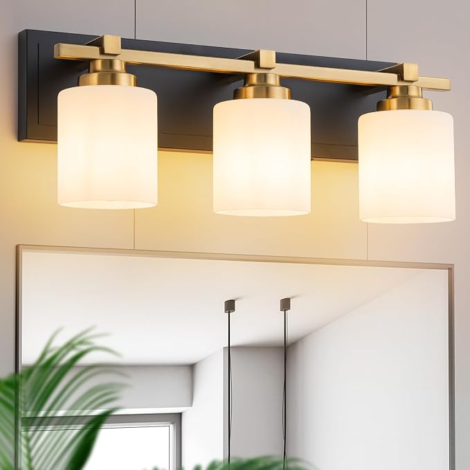 Modern Bathroom Light Fixtures Over Mirror, Vanity Lights for Bathroom Wall Sconces with Milky White Glass Shades, E26 Socket (Bulbs Not Included), 3 Light, Black Gold