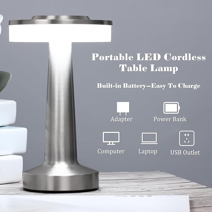 Riakrum 1 Pcs Sliver LED Portable Cordless Table Lamp Bulk with Touch Sensor 3 Color Stepless Dimming Rechargeable Battery up to 15 Hours Cordless Table Light Wireless Lamp Wedding Home
