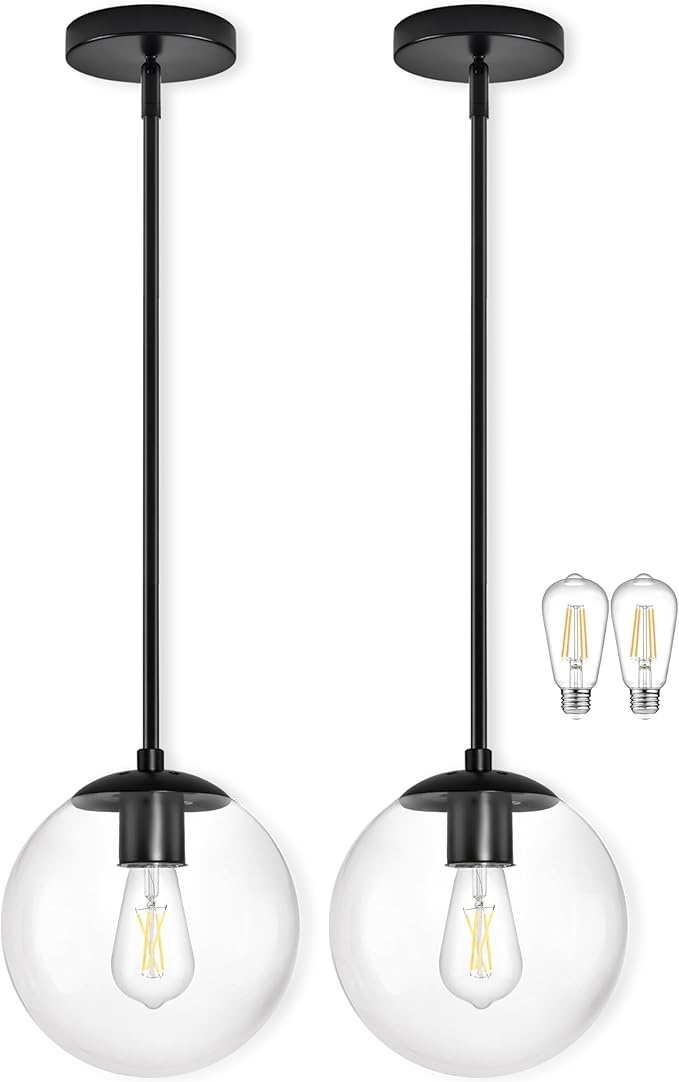10" Globe Pendant Light Black 2 Pack Mid Century Pendant Light Globe Pendant Lights Kitchen Island Matte Black Finished with Clear Glass Adjustable Ceiling Light Fixtures for Dining Room Bar