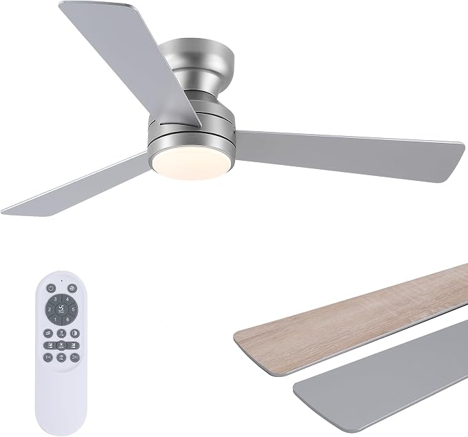 Asyko 46" Brown Modern Low Profile Ceiling Fans with LED Lights and Remote | Flush Mount,Reversible 6 Wind Speeds, Dimmable 3 CCT LED Light, 25W Quiet DC Motor,3 Double-Sided Blades,for Bedroom Kitchen