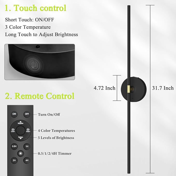Battery Operated Wall Sconce Set of 2: 10000mAh Wireless Sconces Rechargeable Wall Lights with Touch and Remote, 360° Rotate Cordless Wall Lamp for Bedroom Living Room Hallway, 31.5 Inch, Black