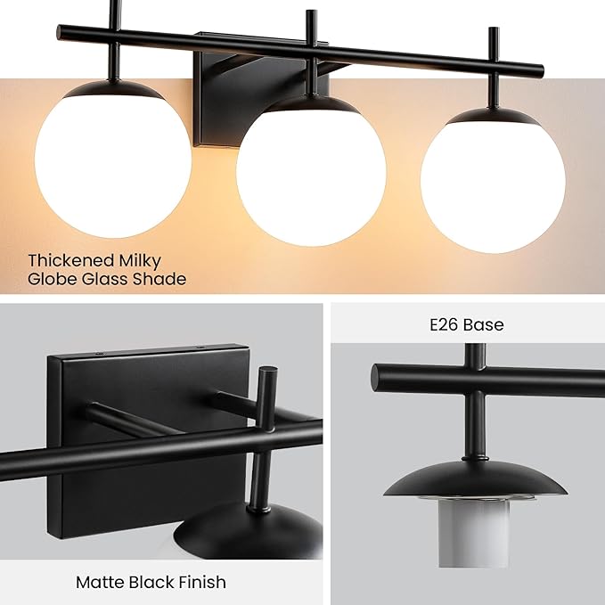 Black Bathroom Vanity Light, 3-Light Bathroom Lighting Fixtures Over Mirror with Milky White Globe Glass Shade, Mid Century Modern Vanity Lights Fixture Over Mirror 22.4 Inch
