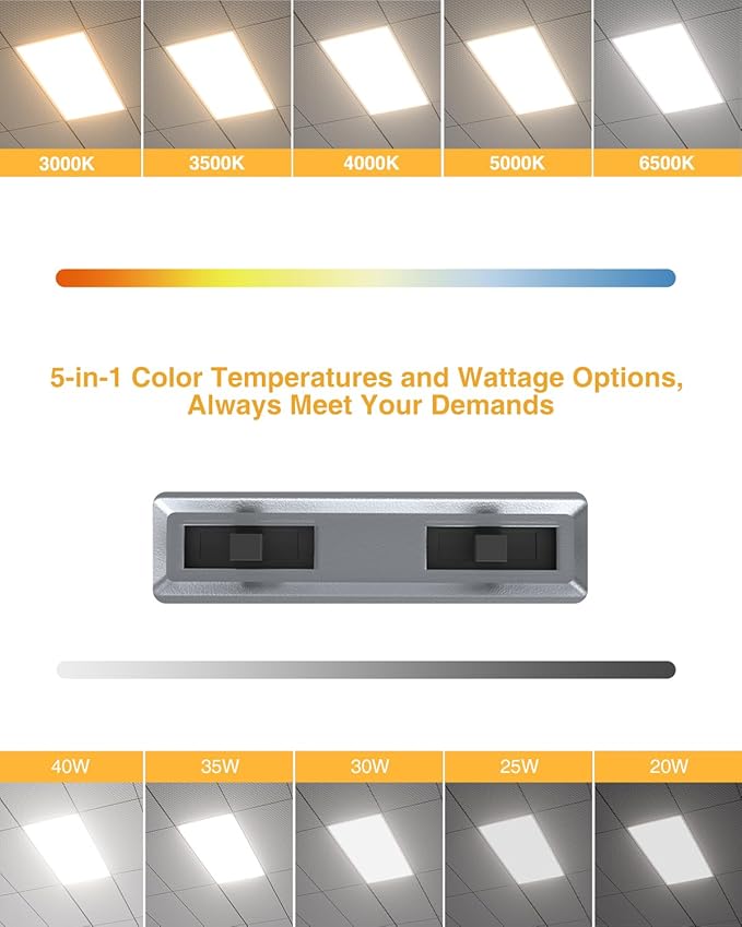 2x2 LED Flat Panel Light, Drop Ceiling Lights Fixture, Selectable Features, 20W/25W/30W/35W/40W, 3000K/3500K/4000K/5000K/6500K, Dimmable (0-10V), for Office Kitchen, ETL Listed (2x2FT-6Pack)