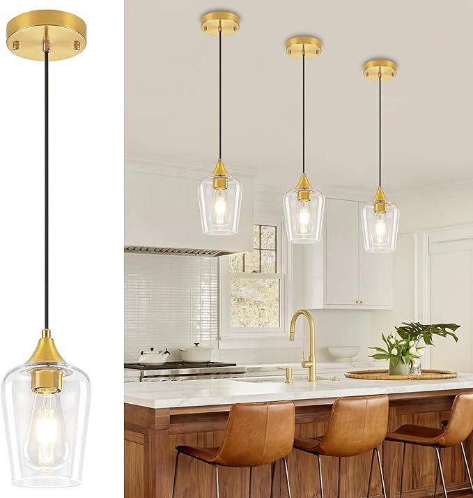 3-Pack Modern Pendant Lights Kitchen Island Brushed Gold Glass Pendant Lighting Over Island Kitchen Hanging Light Fixtures Adjustable Pendant Lights for Dining Room Bathroom Bedroom