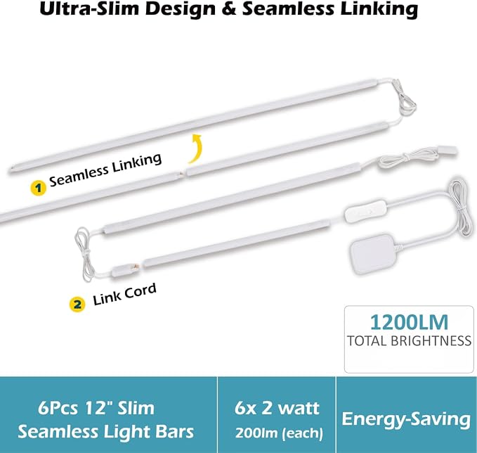Cefrank 6-Pack Linkable Under Cabinet Lighting, 12" LED Shelf Light Bars | 1200LM Cool White • Plug-in • CRI90+ • Frosted Lens • Pantry • Bookshelf • Workbench