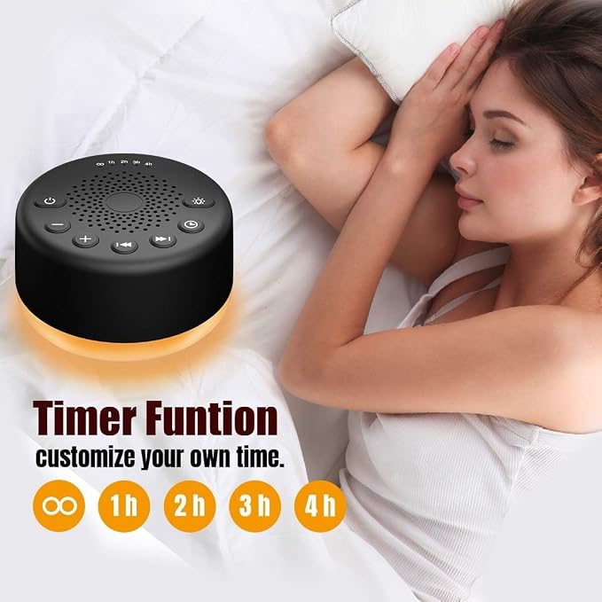 Sound Machine Easysleep White Noise Machine with 25 Soothing Sounds and Night Lights with Memory Function 32 Levels of Volume and 5 Sleep Timer Powered by AC or USB for Sleeping Relaxation (Black)