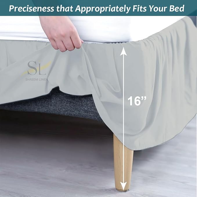 Shreem Linen Ruffled Bed Skirt with Split Corners, Gathered Style, 100% Microfiber, 16-Inch Drop, Dust Ruffle Bedskirt with Platform, Queen, Light Grey