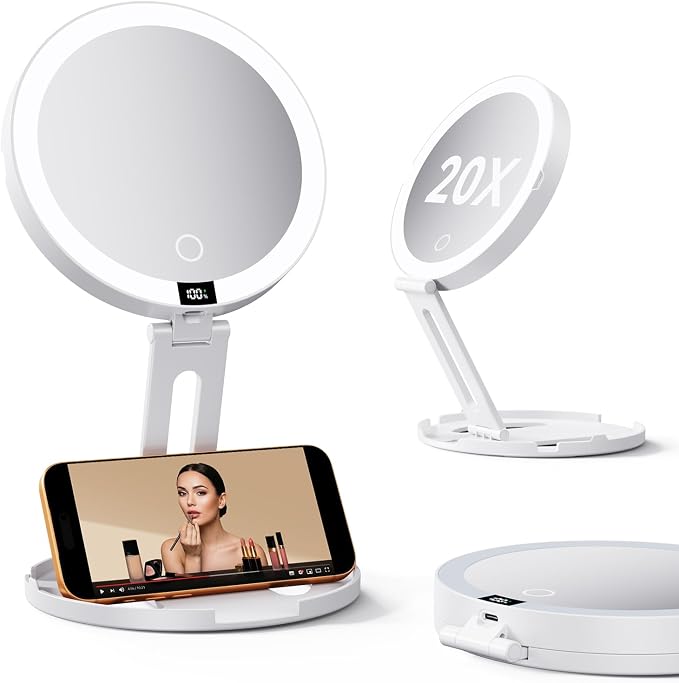 Travel Makeup Mirror with Lights (Gen 3) - 20X/1X Dual Sided Magnifying Mirror - 3 Color Lighting, CRI 95+, Rechargeable - Portable Mirror for Desk & Travel