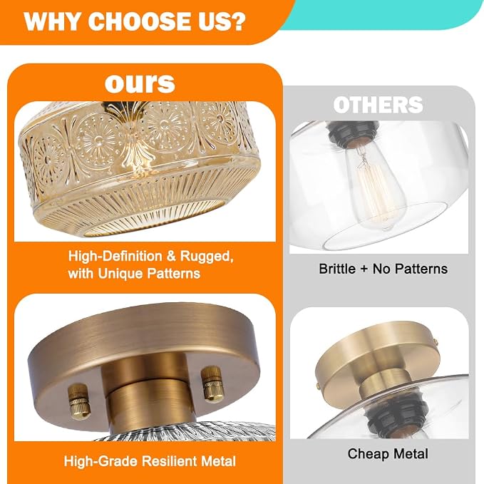 Semi Flush Mount Ceiling Light, Vintage Small Ceiling Light Fixture, Thickened Glass Hallway Lighting Fixture, Brass Kitchen Ceiling Mount Lighting with Amber Glass for Bedroom, Bathroom, Porch
