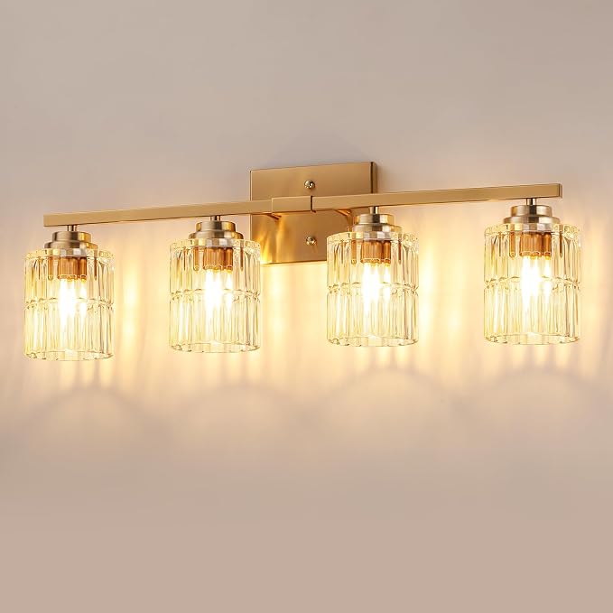 TALOYA Black 4-Light Bathroom Vanity Light with Fluted Cylinder Glass Shade | Modern Vanity Lighting Fixtures, Bathroom Lights Over Mirror, Wall Mount Mirror Light Fixtures for Bathroom Hallway Bedroom