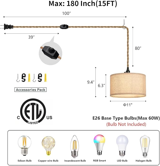 Plug in Pendant Lights Fabric Hanging Lamp Kit with Dimmable Switch 15 Ft Long Hemp Rope Farmhouse Pndant Light Cord Lighting Fixture DIY Hanging Light