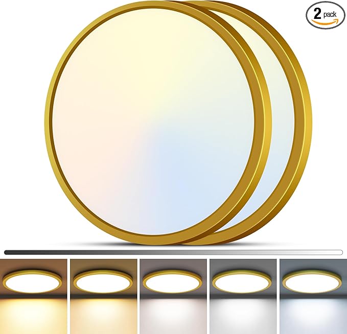 zemty 2Pack LED Flush Mount Ceiling Light, 12Inch 24W Dimmable Ceiling Lights Fixture, 5 Color Temperatures (3000K-6500K) Gold Round Ceiling Lamp for Bedroom, Kitchen, Hallway,Bathroom