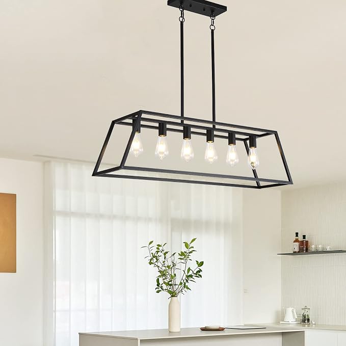 Farmhouse Rectangle Chandeliers for Dining Rooms, Modern Linear Hanging Light Fixture Matte Black 6-Light Industrial Pendant Lighting for Kitchen Island