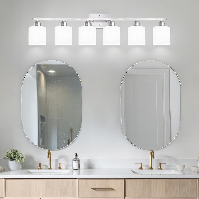 Large Bathroom Vanity Light Fixture, 6 Light Anti-Rust Finish with Milky White Frosted Glass Shades, 38 Inch Bath Light Above Mirror Light Fixture