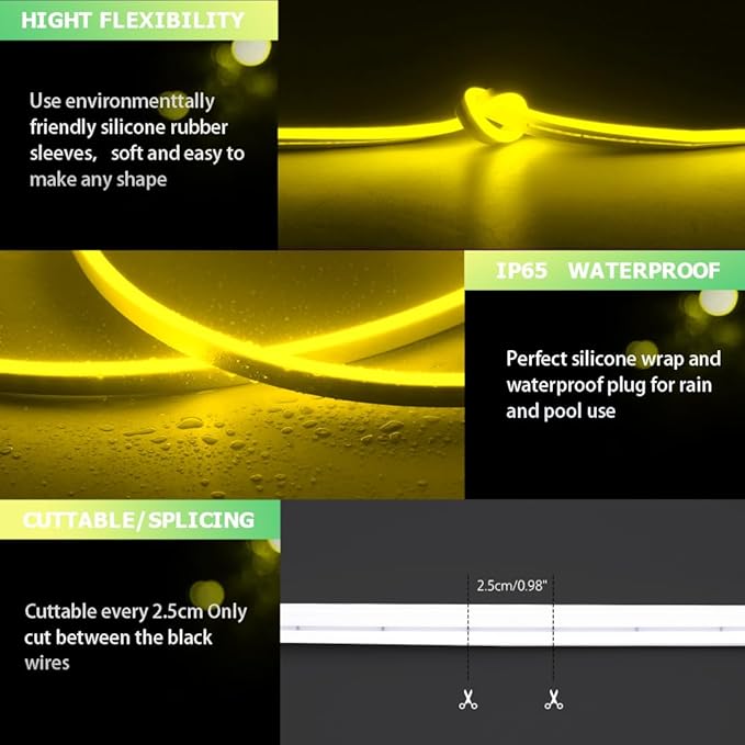 Neon Light Strip 16.4FT/5M- Bright, Non-Glaring & Waterproof Neon Rope Lights for Indoor & Outdoor Decor,【No Power Adapter】 Yellow,neon led Strip Lights