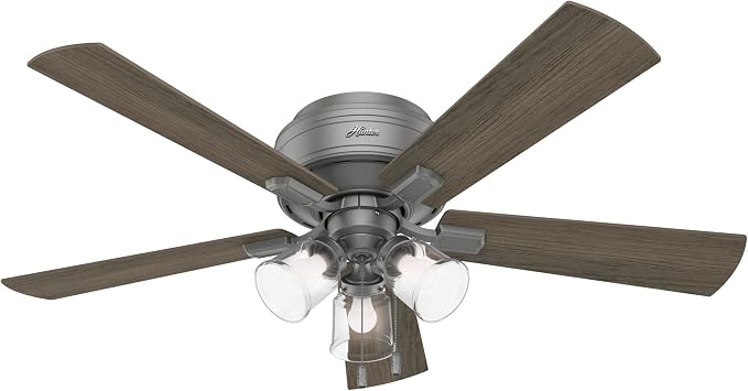 Hunter Crestfield, Indoor, Ceiling Fan, Quiet, 52 inch, Matte Silver | with LED Lights and Pull Chain, Low Profile Flush Mount, 5 Blades, For Bedroom, Living Room, Kitchen, 51020