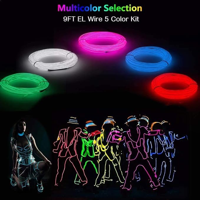 MaxLax EL Wire 5 Pack, 9ft Neon Light Wire Noise Reduction with Battery Pack(Green, Blue, Red, White, Pink)… (9ft)