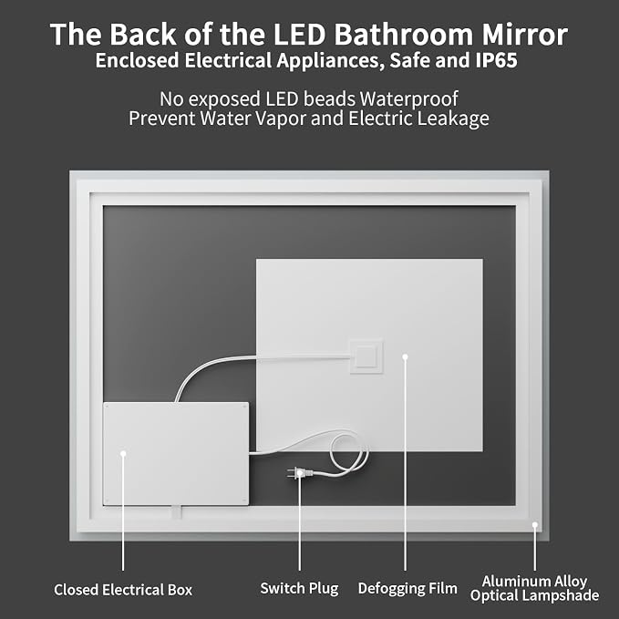 Koonmi 60x28 LED Bathroom Mirror with Light, Anti-Fog, 3 Colors | Backlit + Front Lit, Dimmable Brightness, Shatterproof HD Distortion-Free Tempered Glass, Hardware Included