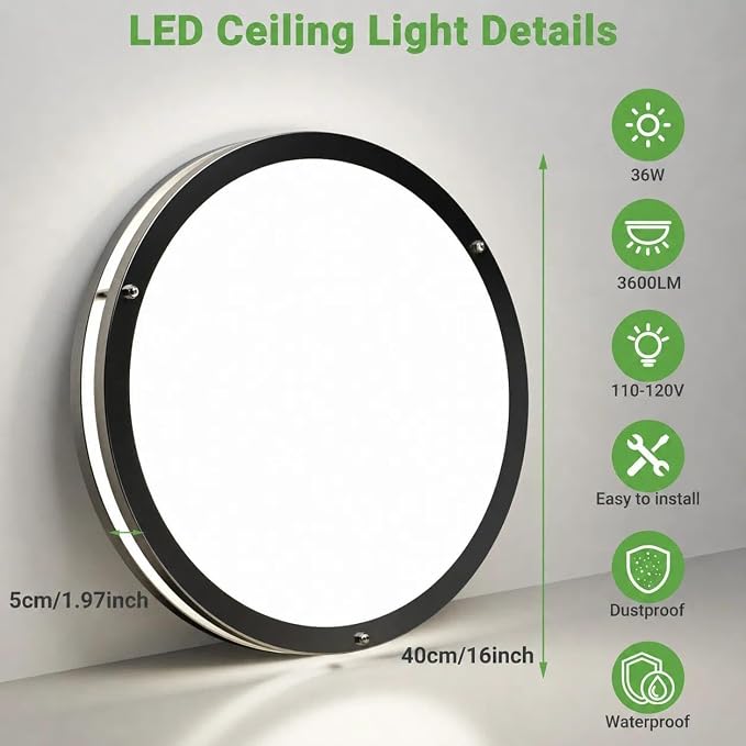 zemty 16Inch Black LED Flush Mount Ceiling Lights, Dimmable 3000K-6500K Adjustable, 36W Damp-Rated Light Fixture for Living Rooms,Badrooms,Basements,Kitchen