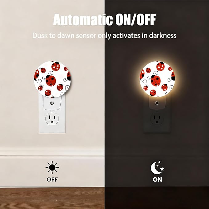 Plug-in Playful Ladybug Pattern Night Light Red Ladybugs with Polka Dots Night Lights Plug into Wall with Auto on/Off Sensor, 0.5W LED Nightlight for Bedroom Bathroom Kitchen Hallway