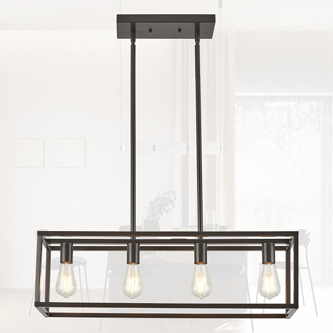 Farmhouse Rectangle Chandeliers for Dining Rooms, Modern Linear Hanging Light Fixture Matte Oil-Rubbed Bronze 4-Light Industrial Pendant Lighting for Kitchen Island