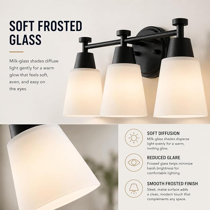 3 Light Bathroom Vanity Light, Modern Matte Black Stainless Steel Over Mirror Vanity Light Fixture with Frosted Glass, Wall Sconces Lighting for Bedroom Living Room