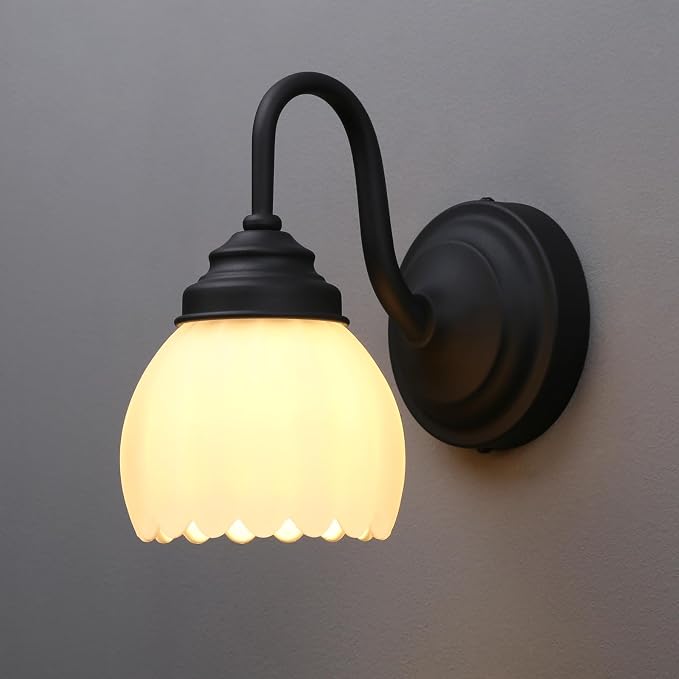 Phansthy Vintage Brass Boho Wall Sconces, Hardwired Wall Lights with Tulip Glass Lampshade, Brass Vanity Lamp Modern Wall Lighting Fixtures for Bedroom, Living Room, Hallway (Black + White Shade)