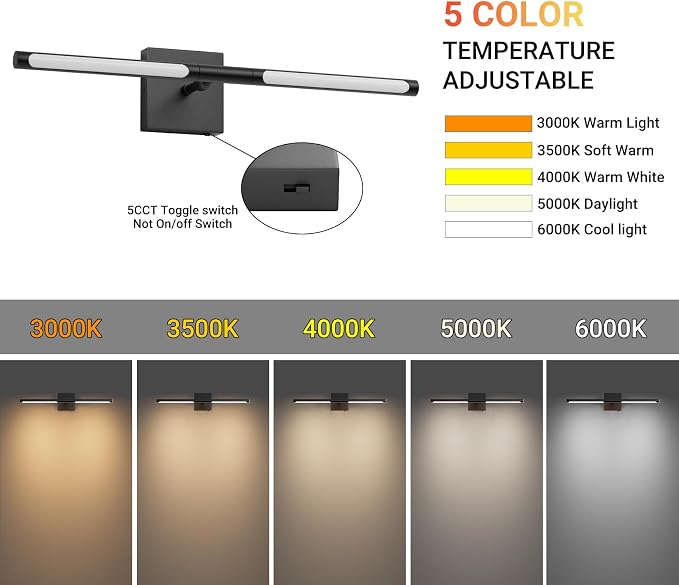 Tipace Hardwired Black Vanity Light Fixtures for Bathroom - 23.6 inch 360° Rotatable Modern Bathroom Light Fixture Over Mirror 5CCT LED Wall Sconce Lighting Fixture LED Vanity Lights Bar