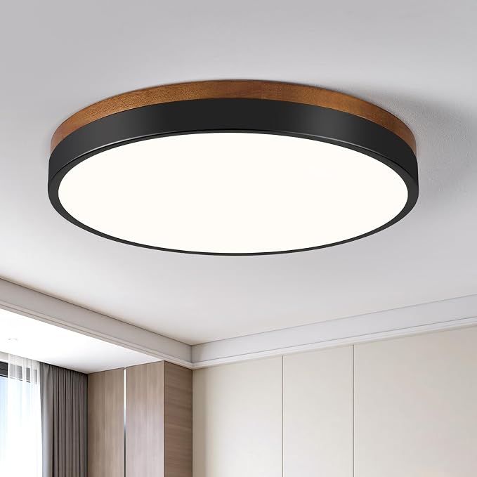 Modern Walnut Wood Black Flush Mount Ceiling Light 11.81 Inch | Round LED Low Profile Lighting Fixture For Kitchen Bedroom Bathroom Laundry Hallway Entryway Closet Living Room