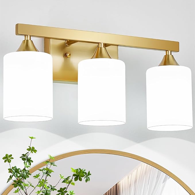 ZHU YAN Bathroom Vanity Lights Over Mirror,Gold Bathroom Light Fixtures 3 Lights，Modern Wall Sconces Milky White Glass Shades for Mirror Living Room Bedroom Standard E26 Base