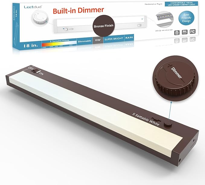 Under Cabinet Lighting Plug in or Hardwired Built-in Dimmer, 18 Inch 9W, 5CCT 2700/3000/3500/4000/5000K, Linkable Counter Lights for Kitchen, ETL Dimmable LED Light Fixture, Bronze