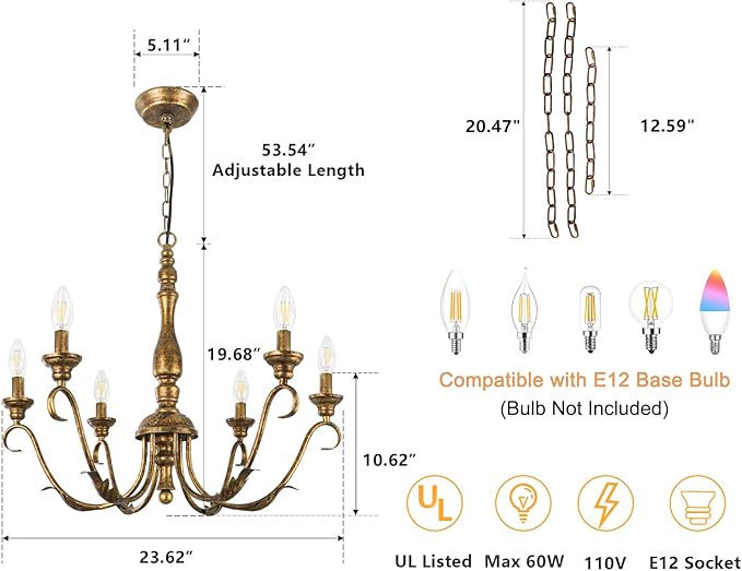 6-Light Farmhouse Chandelier, 23.62'' Vintage Brass Gold Chandeliers for Dining Room, Adjustable Rustic Metal Hanging Pendant Light Fixture for Kitchen Island Entryway Foyer Bedroom Hallway
