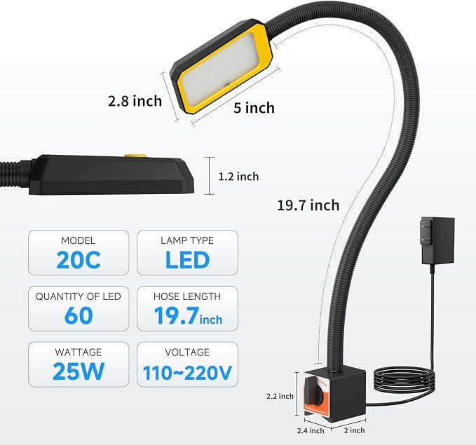 LED Machine Work Light, 2500 Lumens Flexible Gooseneck Magnetic Lamp for Lathe and Drill Press, Machine Job Light with Strong Magnetic Base 110-220V 25W (M1202)