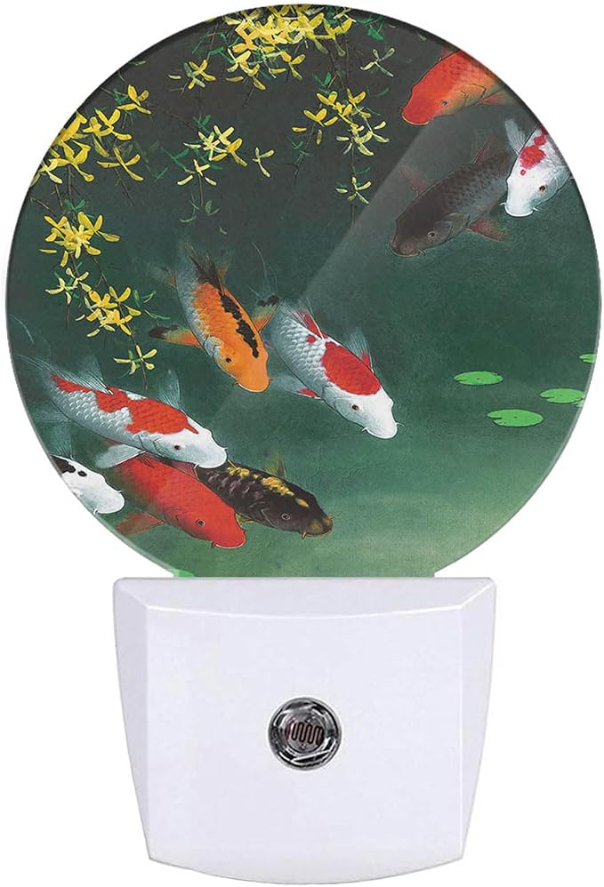 Fancy Carps in Pond Night Lights Plug into Wall Golden Red Fishes Night Light Dusk to Dawn Sensor LED Lighting for Bedroom Bathroom Living Room, 0.5W Sleep Friendly