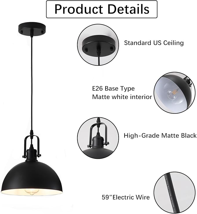 Pendant Lights Kitchen Island 3 Pack, Modern Matte Black Metal Hanging Light Fixtures, Adjustable Height Industrial Pendant Lighting for Dining Room Bedroom Bar Office 9.84”