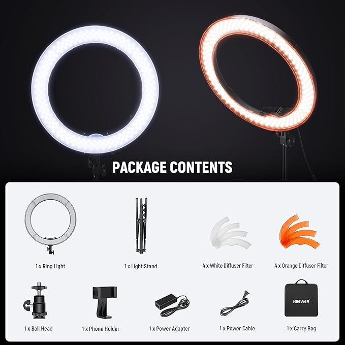NEEWER 58W 18"/45cm Ring Light Kit, 3200K & 5600K Bi Color Dimmable CRI95 LED Selfie Lighting for iPhone with Tripod Stand/Phone Holder/Cold Shoe for Makeup Studio Video Recording Photography, RL-18