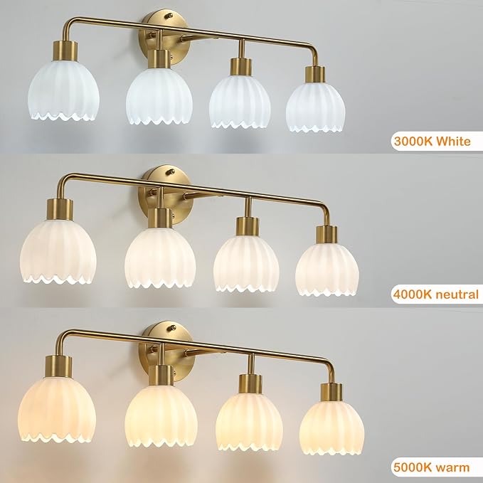 Brushed Gold 4-Light Vanlity Light Over Mirror,Wall Sconces,Gold Brass Bathroom Light Fixture with Milk White Glass Flower Shade,E26(Bulbs Not Included)