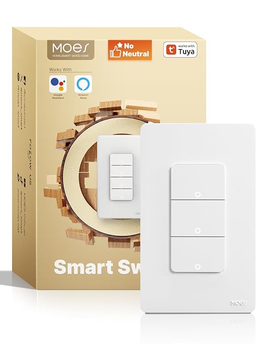 MOES WiFi Smart 3 Gang Light Switches, No Neutra, Require Capacitors | 2.4GHz Triple Single Pole Switch, Work with Alexa Google Assistant